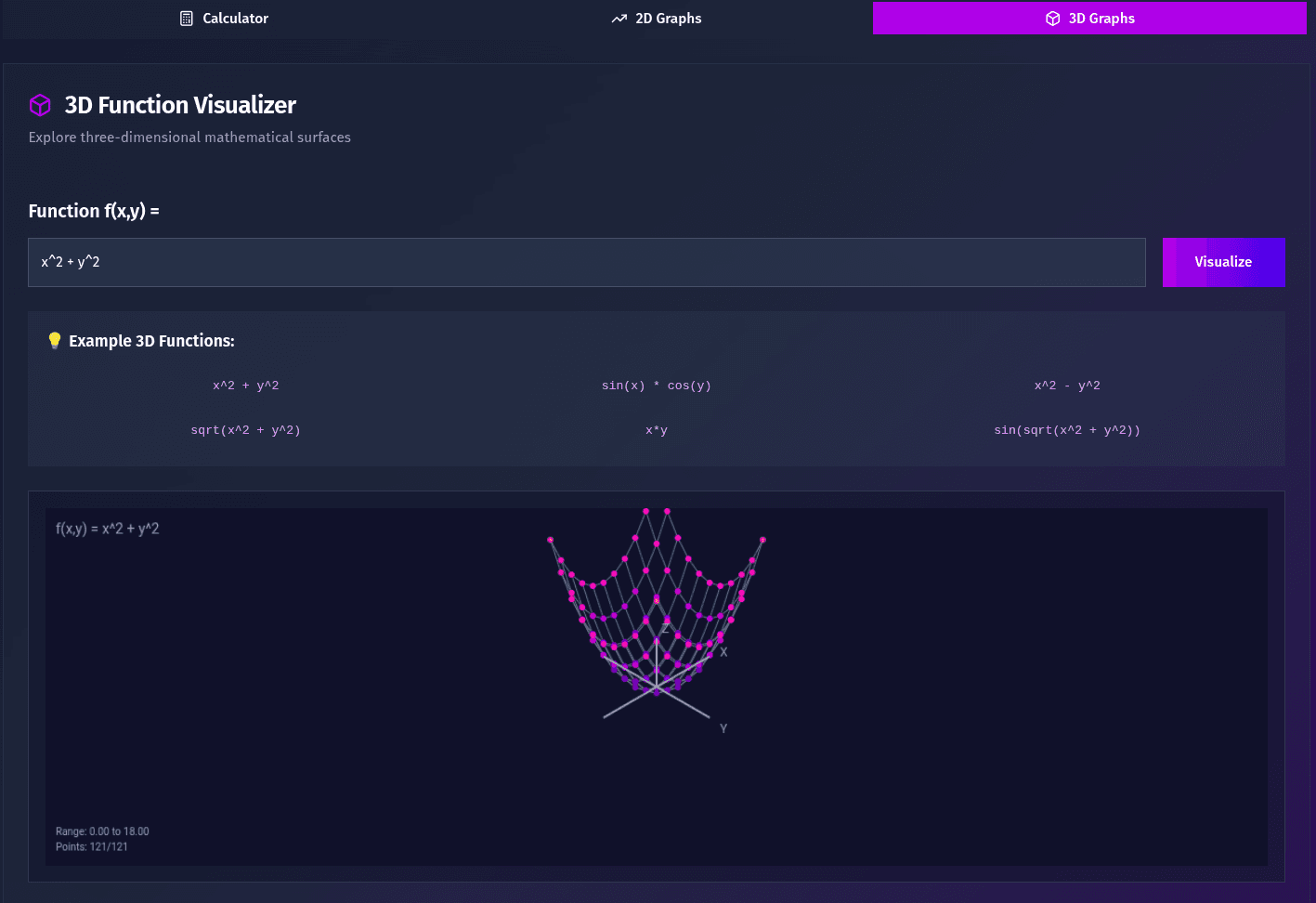 Engineering Calculator (with 2D and 3D graphs visualization)