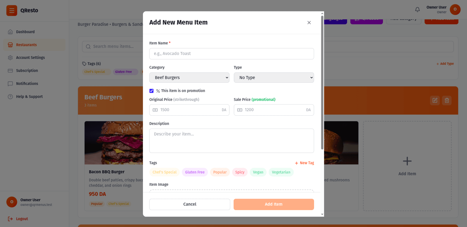 Menu Builder Interface