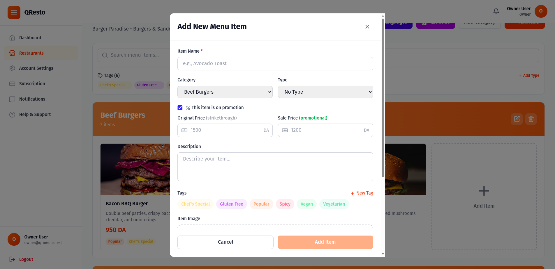 Menu Builder Interface